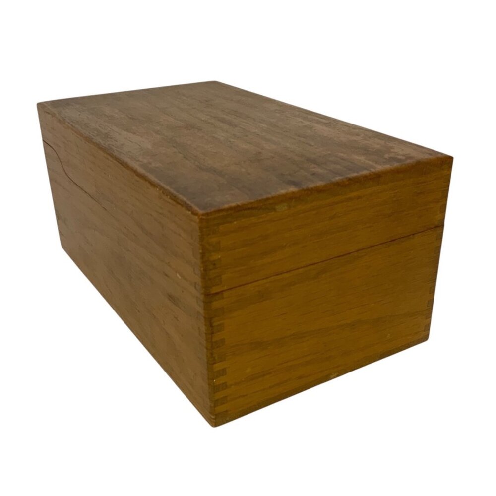 Vintage Wooden Index Card File Box With Hinged Lid & Metal Rod Organizer